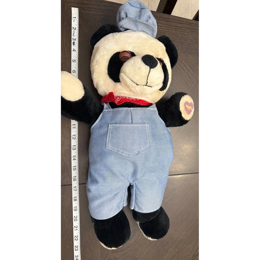 Vintage‎ Musical Panda Plush Bear in Denim Overalls Engineer Hat & Bandana 21